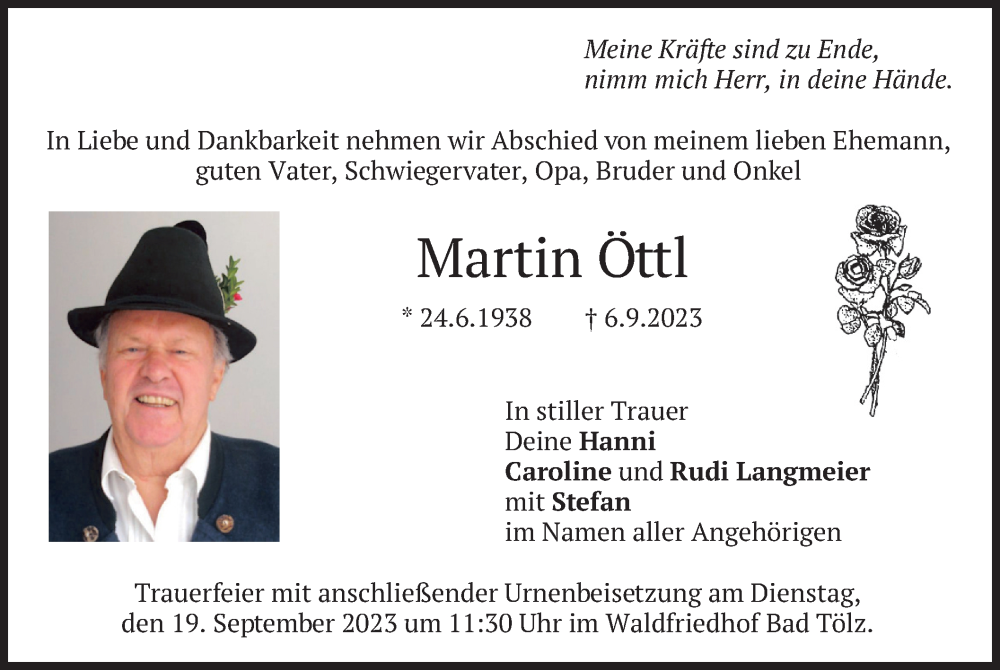  Traueranzeige für Martin Öttl vom 16.09.2023 aus merkurtz