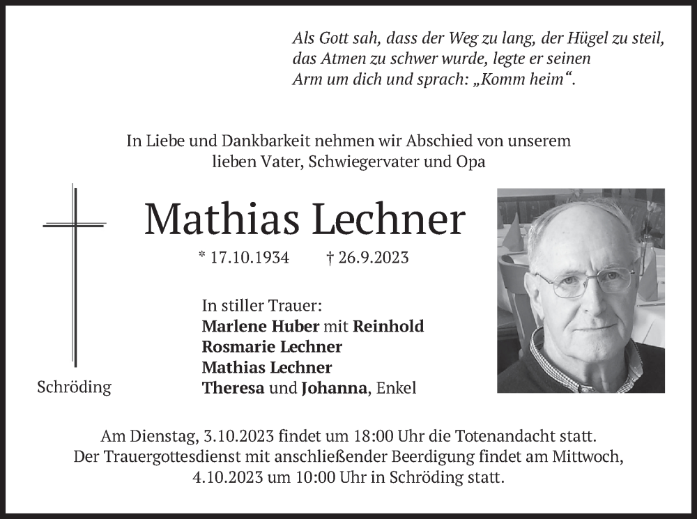  Traueranzeige für Mathias Lechner vom 30.09.2023 aus merkurtz