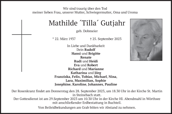 Traueranzeige von Mathilde Gutjahr von merkurtz