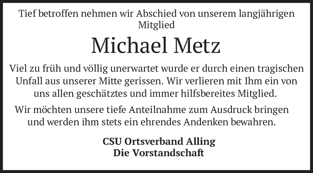  Traueranzeige für Michael Metz vom 01.09.2023 aus merkurtz