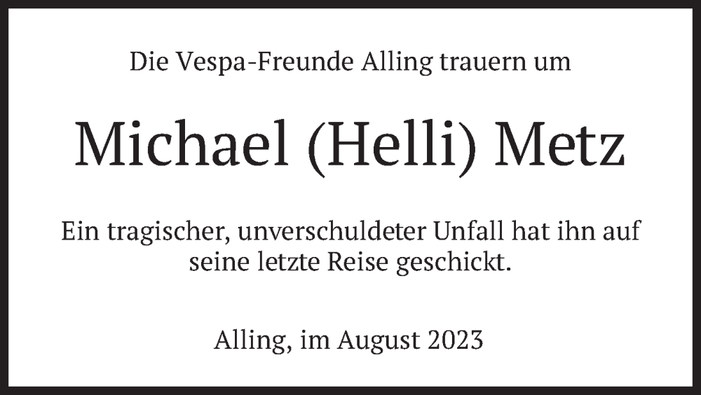  Traueranzeige für Michael Metz vom 01.09.2023 aus merkurtz