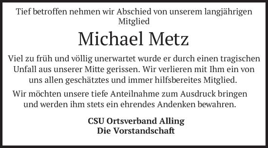 Traueranzeige von Michael Metz von merkurtz
