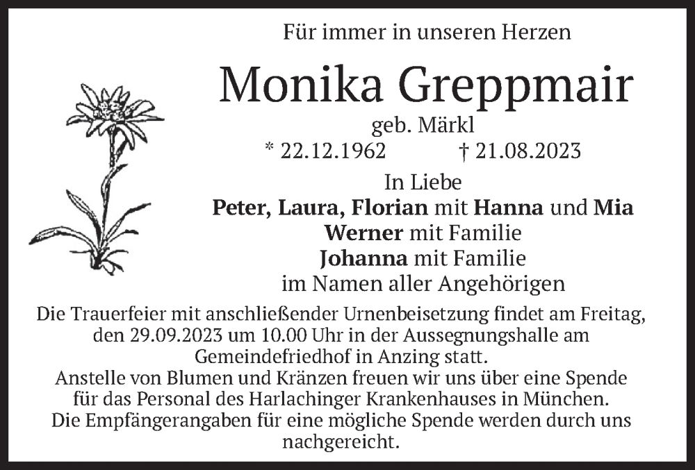 Traueranzeige für Monika Greppmair vom 23.09.2023 aus merkurtz