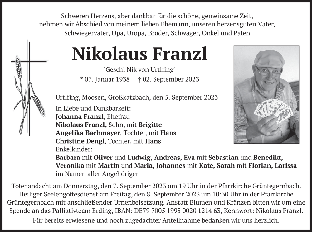  Traueranzeige für Nikolaus Franzl vom 05.09.2023 aus merkurtz