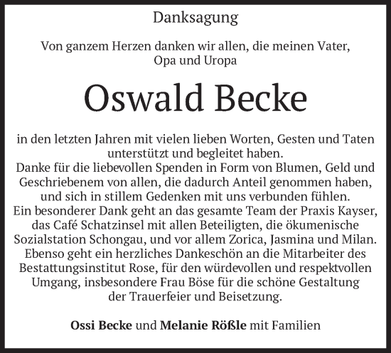 Traueranzeige von Oswald Becke von merkurtz