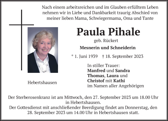 Traueranzeige von Paula Pihale von merkurtz