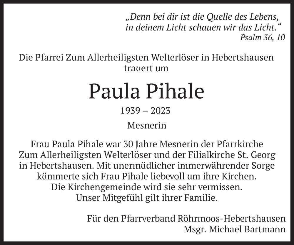  Traueranzeige für Paula Pihale vom 22.09.2023 aus merkurtz