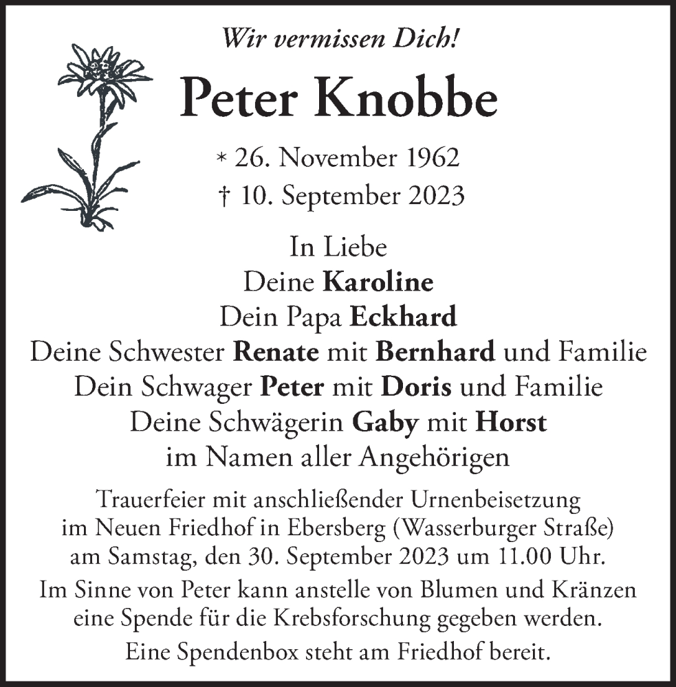  Traueranzeige für Peter Knobbe vom 23.09.2023 aus merkurtz