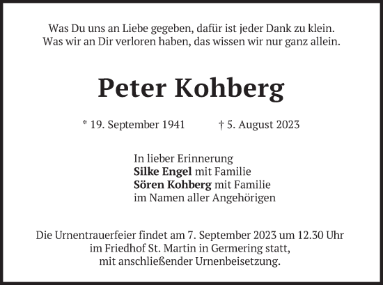 Traueranzeige von Peter Kohberg von merkurtz