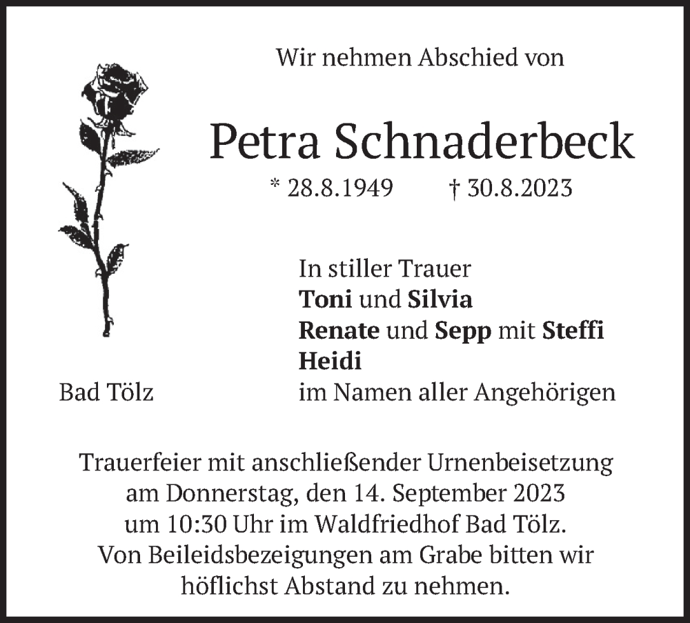  Traueranzeige für Petra Schnaderbeck vom 09.09.2023 aus merkurtz