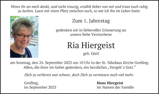 Traueranzeige von Ria Hiergeist von merkurtz