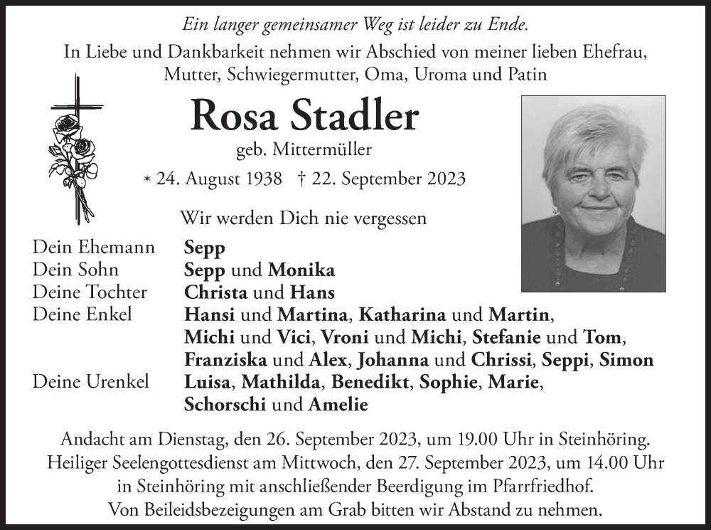  Traueranzeige für Rosa Stadler vom 23.09.2023 aus merkurtz