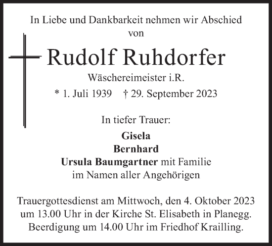Traueranzeige von Rudolf Ruhdorfer von merkurtz
