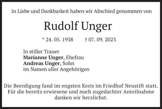 Traueranzeige von Rudolf Unger von merkurtz