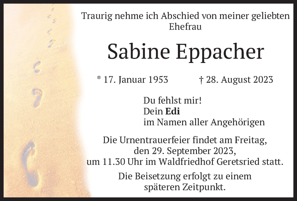  Traueranzeige für Sabine Eppacher vom 16.09.2023 aus merkurtz