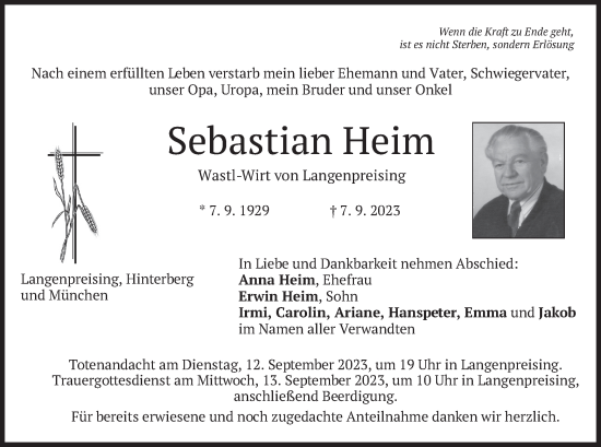 Traueranzeige von Sebastian Heim von merkurtz