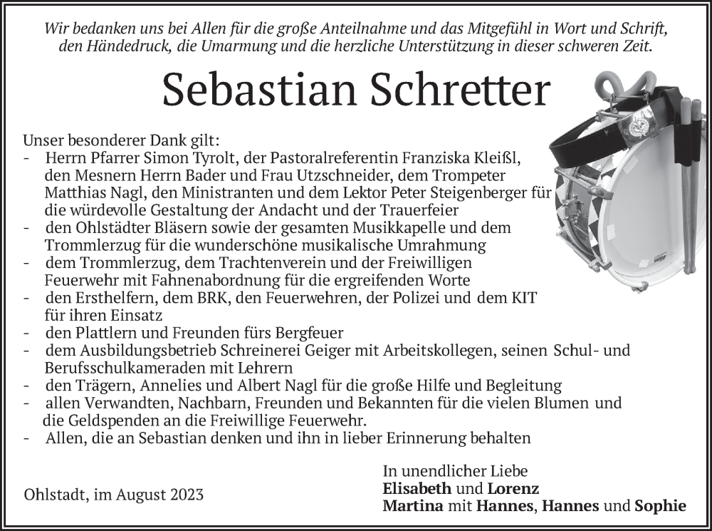  Traueranzeige für Sebastian Schretter vom 02.09.2023 aus merkurtz