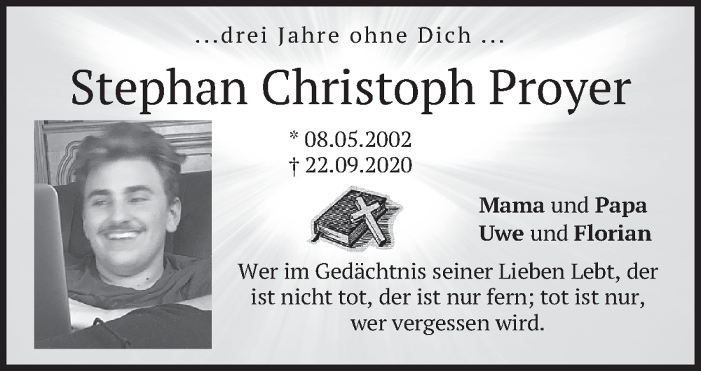  Traueranzeige für Stephan Christoph Proyer vom 22.09.2023 aus merkurtz