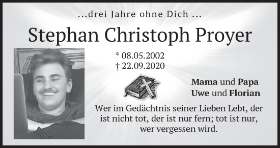 Traueranzeige von Stephan Christoph Proyer von merkurtz
