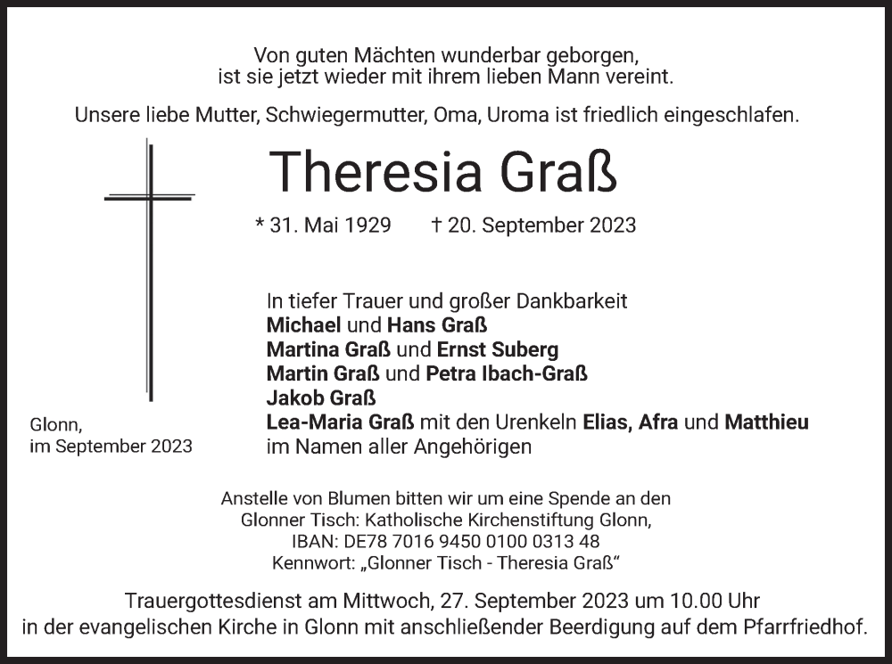  Traueranzeige für Theresia Graß vom 23.09.2023 aus merkurtz