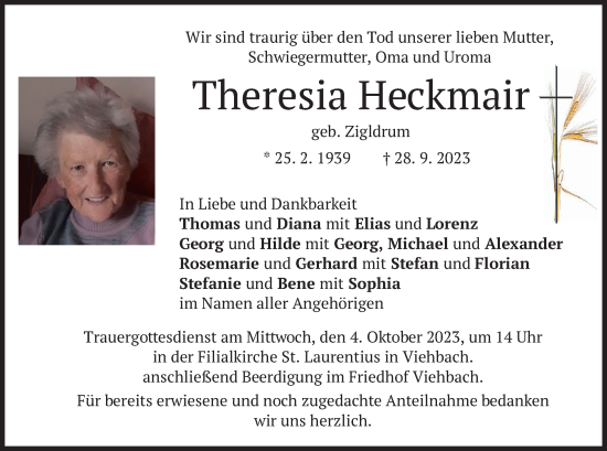 Traueranzeige von Theresia Heckmair von merkurtz
