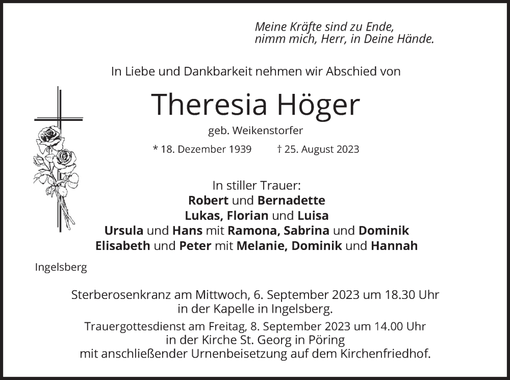  Traueranzeige für Theresia Höger vom 02.09.2023 aus merkurtz