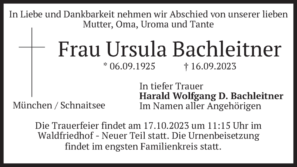 Traueranzeige für Ursula Bachleitner vom 30.09.2023 aus merkurtz