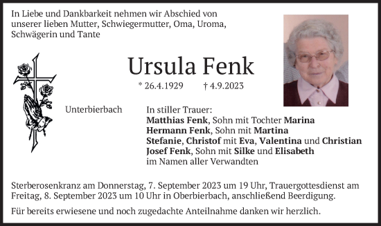 Traueranzeige von Ursula Fenk von merkurtz