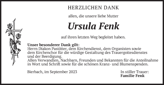 Traueranzeige von Ursula Fenk von merkurtz