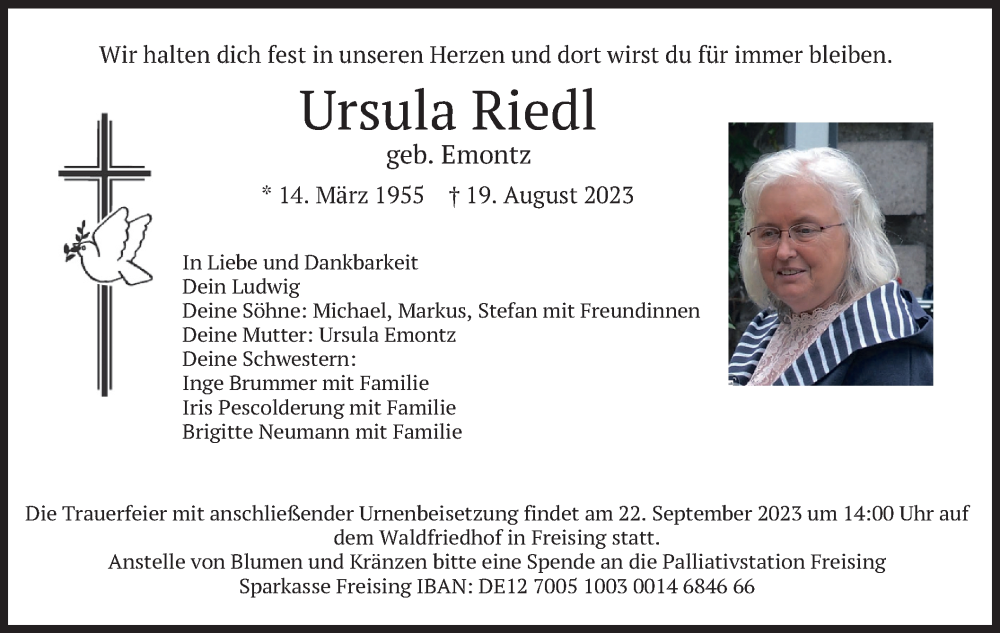  Traueranzeige für Ursula Riedl vom 16.09.2023 aus merkurtz