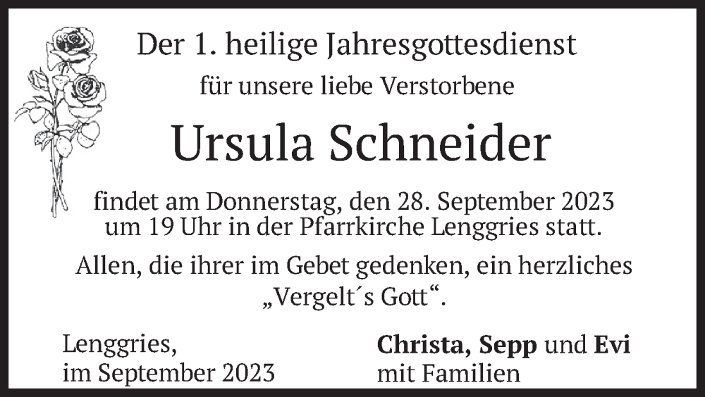  Traueranzeige für Ursula Schneider vom 26.09.2023 aus merkurtz