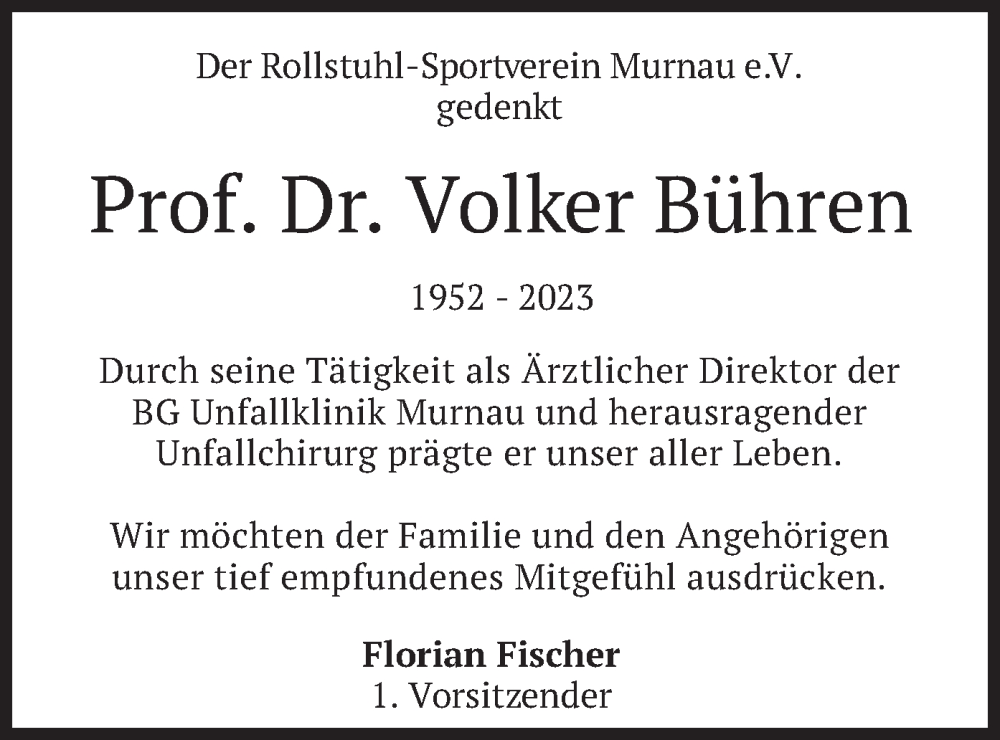  Traueranzeige für Volker Bühren vom 09.09.2023 aus merkurtz