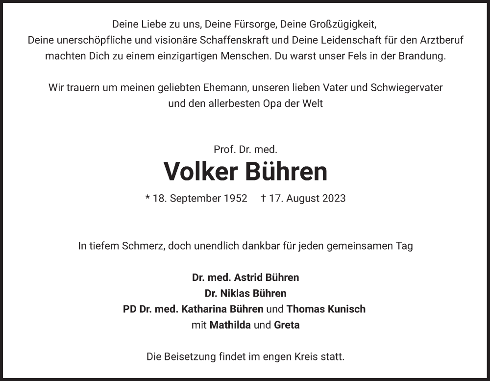  Traueranzeige für Volker Bühren vom 02.09.2023 aus merkurtz