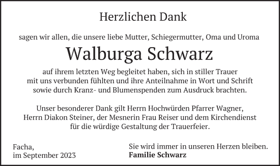 Traueranzeige von Walburga Schwarz von merkurtz
