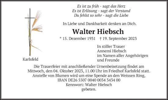 Traueranzeige von Walter Hiebsch von merkurtz