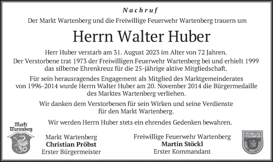 Traueranzeige von Walter Huber von merkurtz