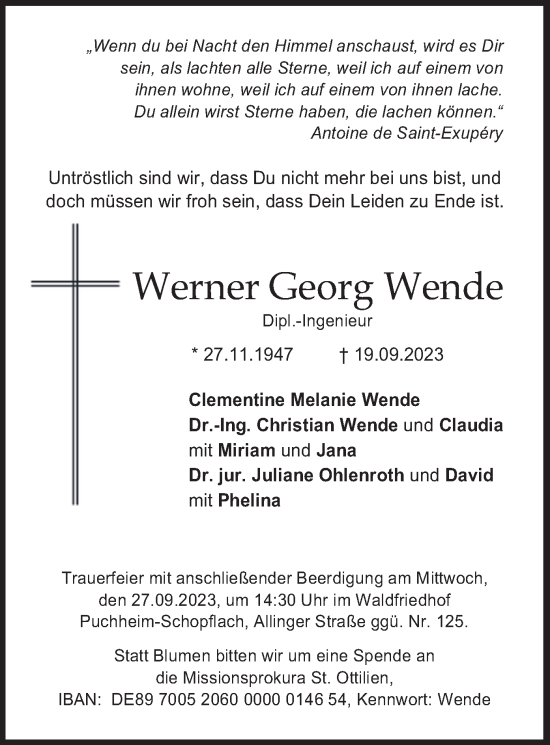 Traueranzeige von Werner Georg Wende von merkurtz