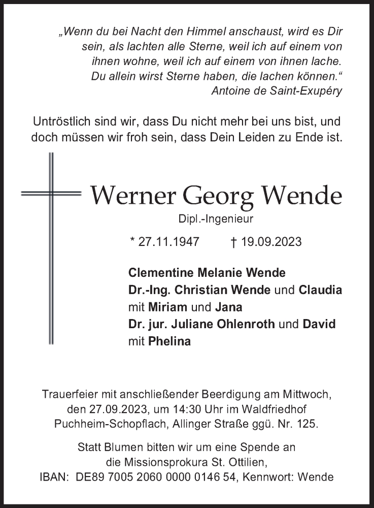  Traueranzeige für Werner Georg Wende vom 23.09.2023 aus merkurtz