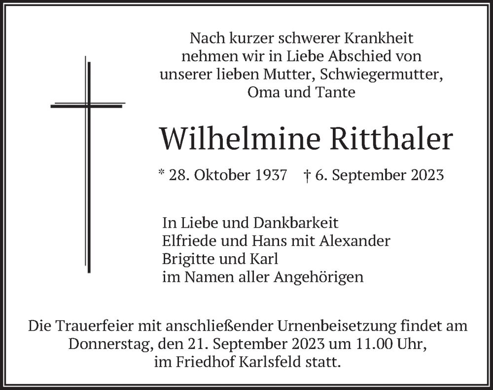  Traueranzeige für Wilhelmine Ritthaler vom 16.09.2023 aus merkurtz