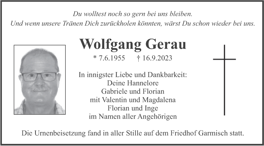  Traueranzeige für Wolfgang Gerau vom 23.09.2023 aus merkurtz