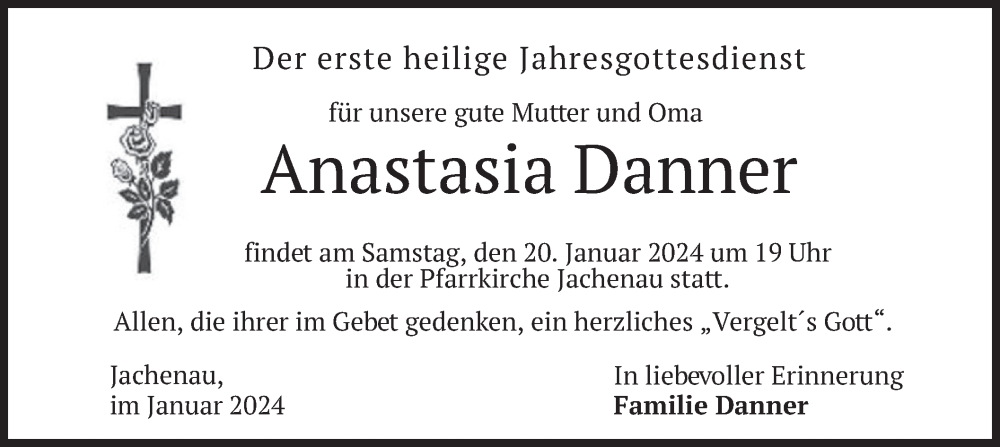  Traueranzeige für Anastasia Danner vom 18.01.2024 aus merkurtz