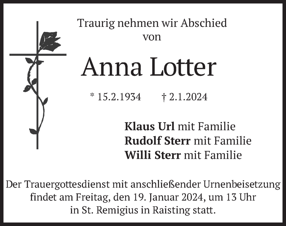  Traueranzeige für Anna Lotter vom 13.01.2024 aus merkurtz