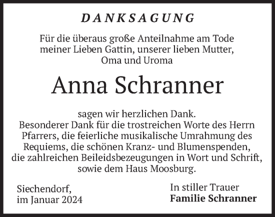 Traueranzeige von Anna Schranner von merkurtz
