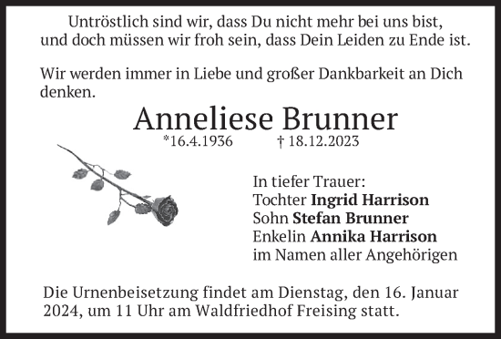 Traueranzeige von Anneliese Brunner von merkurtz