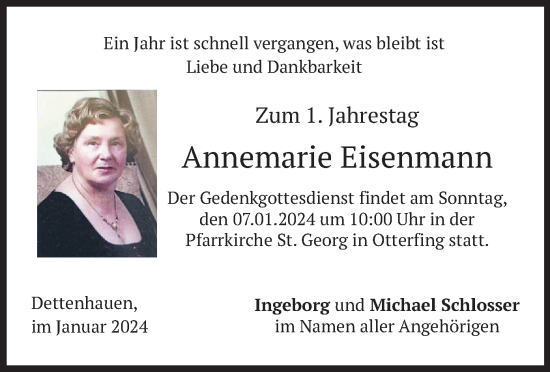 Traueranzeige von Annemarie Eisenmann von merkurtz