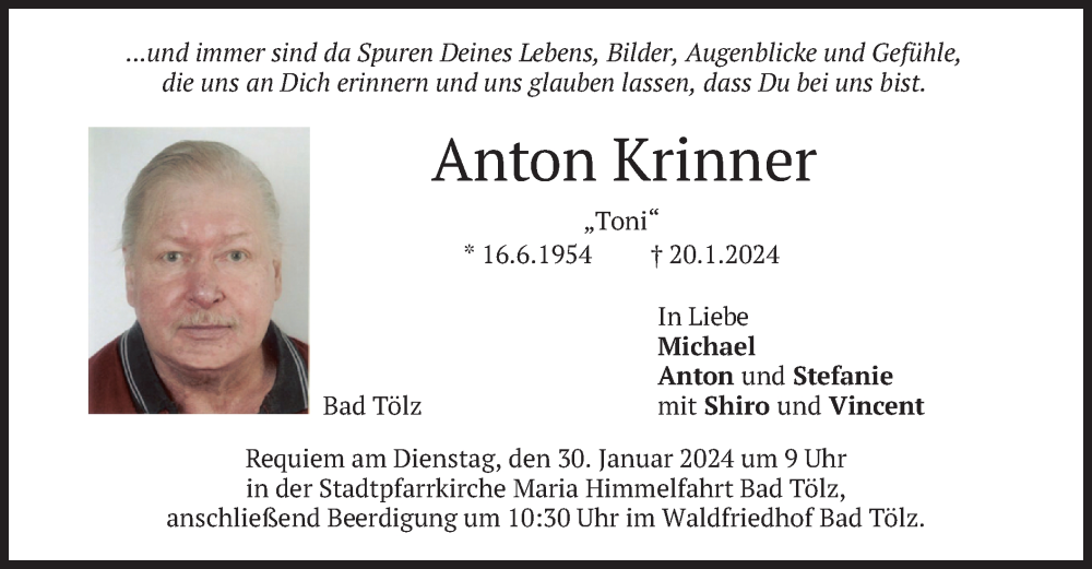  Traueranzeige für Anton Krinner vom 27.01.2024 aus merkurtz