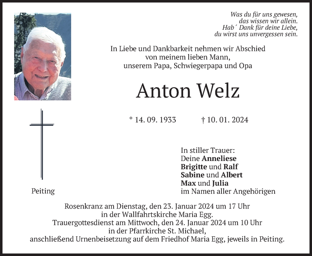  Traueranzeige für Anton Welz vom 19.01.2024 aus merkurtz