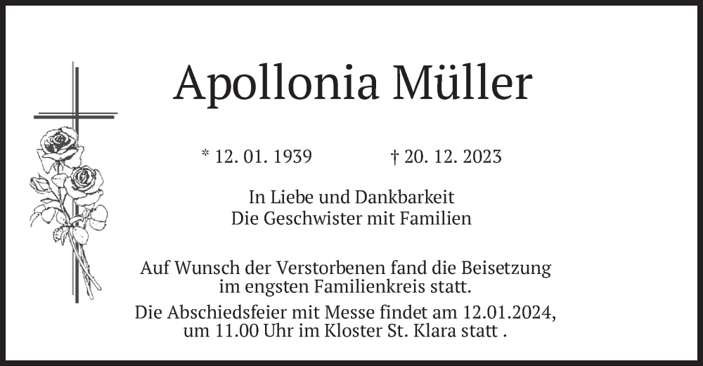  Traueranzeige für Apollonia Müller vom 11.01.2024 aus merkurtz