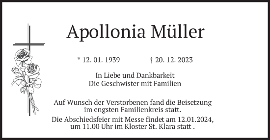 Traueranzeige von Apollonia Müller von merkurtz