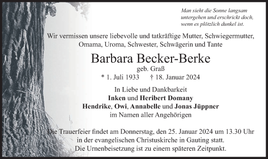 Traueranzeige von Barbara Becker-Berke von merkurtz